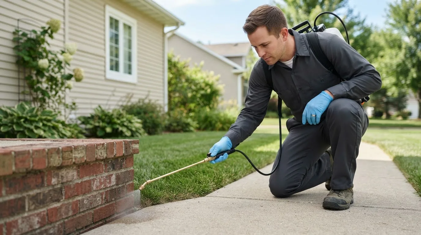 Pest control technician treating a home near East Berlin, PA